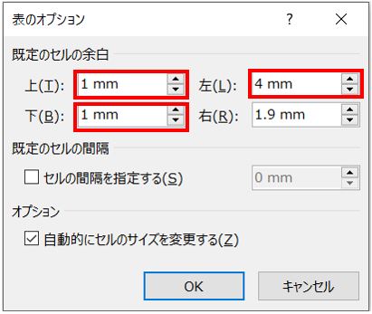 表のオプションダイアログボックス