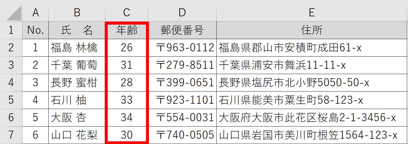 列の非表示をしたい表