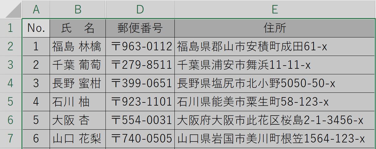 範囲選択した表