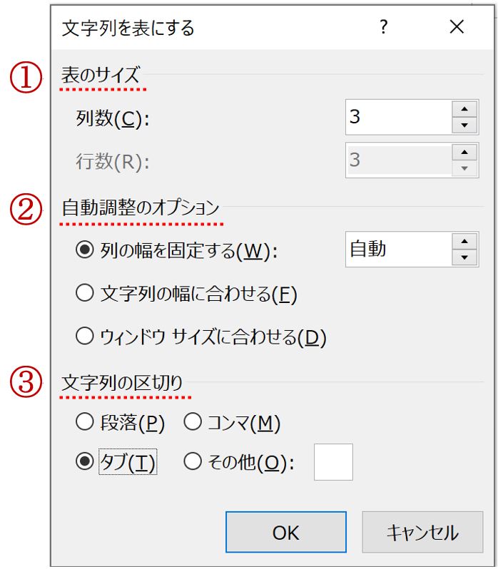 文字列を表にするダイアログボックス