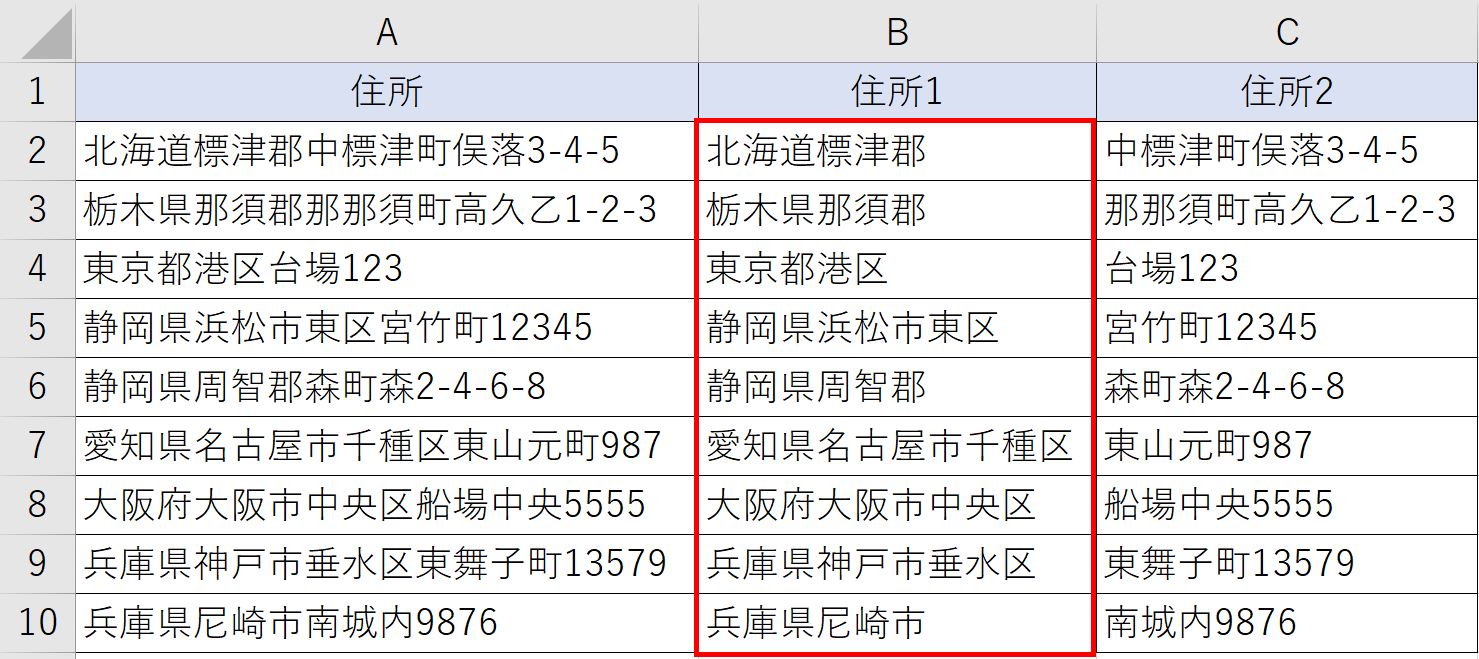 市区郡を抜き出した表