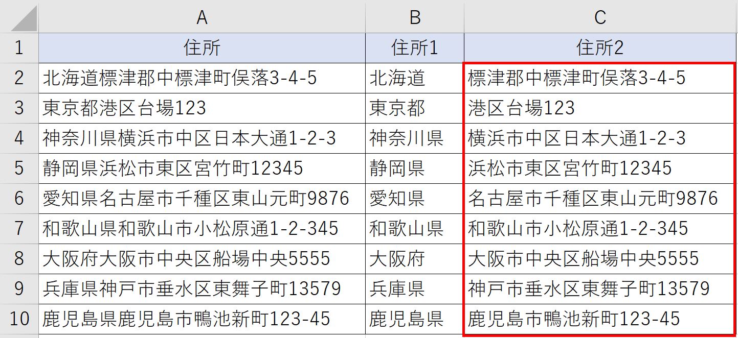 住所の後半を表示した結果